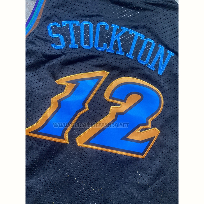 Camiseta John Stockton NO 12 Utah Jazz Mitchell & Ness 1996-97 Negro